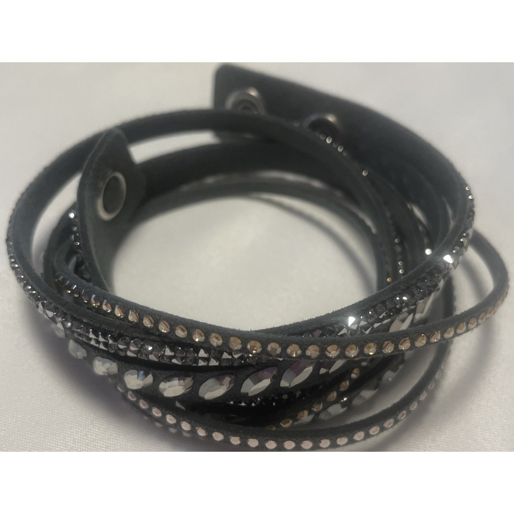 Gray Leather Crystal Wrap Bracelet Bling Dazzle Snap Closure - Picture 6 of 9